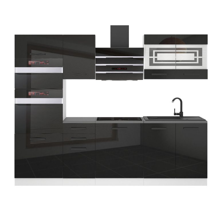 Mobila bucatarie Belini Premium Full Version 240 cm negru lucios cu blat INF TRACY/0/WT/B/B/B1