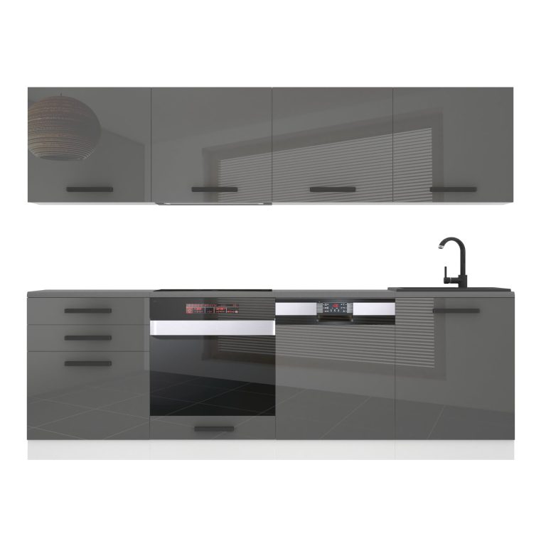 Mobila bucatarie Belini Premium Full Version 240 cm gri lucios cu blat  INF ALICE/0/WT/S/B/B1