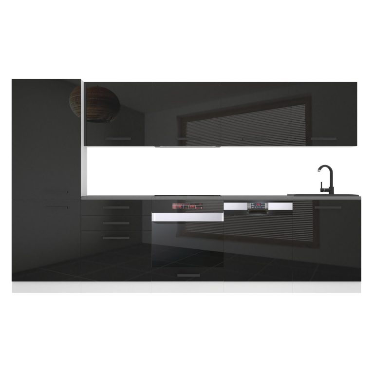 Mobila bucatarie Belini Premium Full Version 300 cm negru lucios fara blat INF ROSE/0/WT/B/0/B1