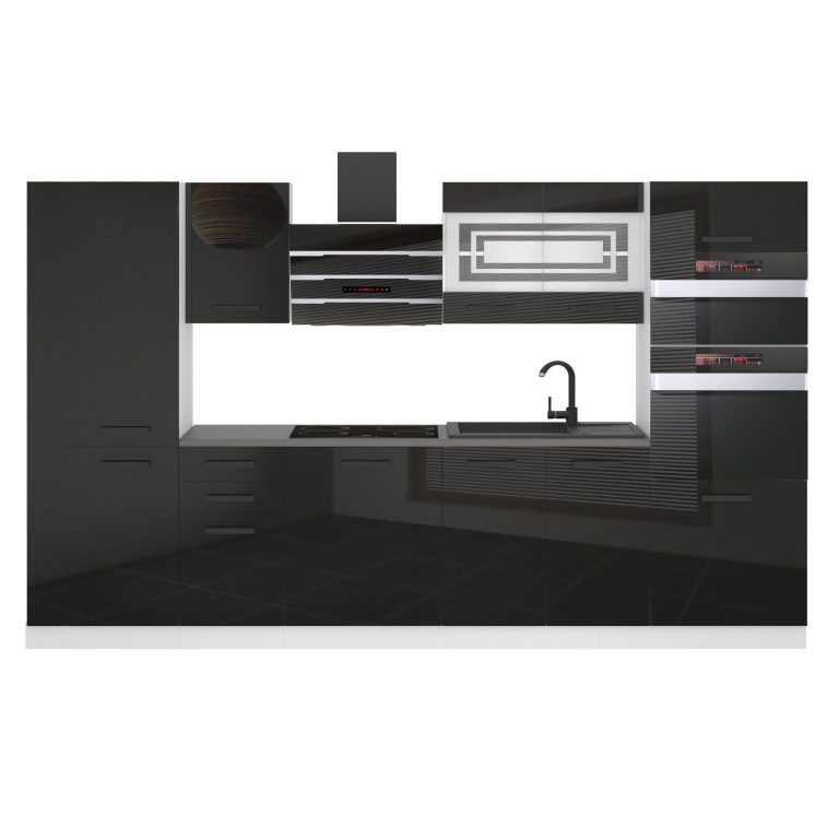 Mobila  bucatarie Belini Premium Full Version 300 cm negru lucios cu blat INF MILA/0/WT/B/B/B1