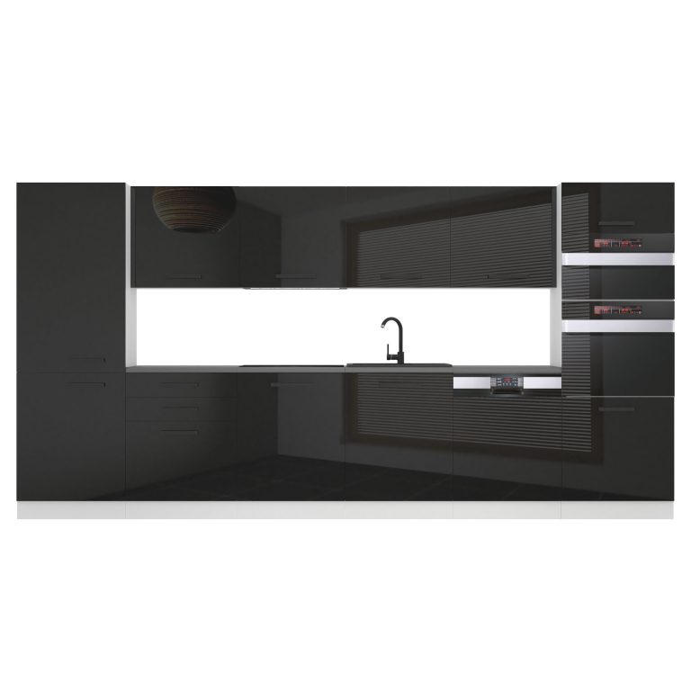 Mobila  bucatarie Belini Premium Full Version 360 cm negru lucios cu blat INF NAOMI/0/WT/B/B/B1