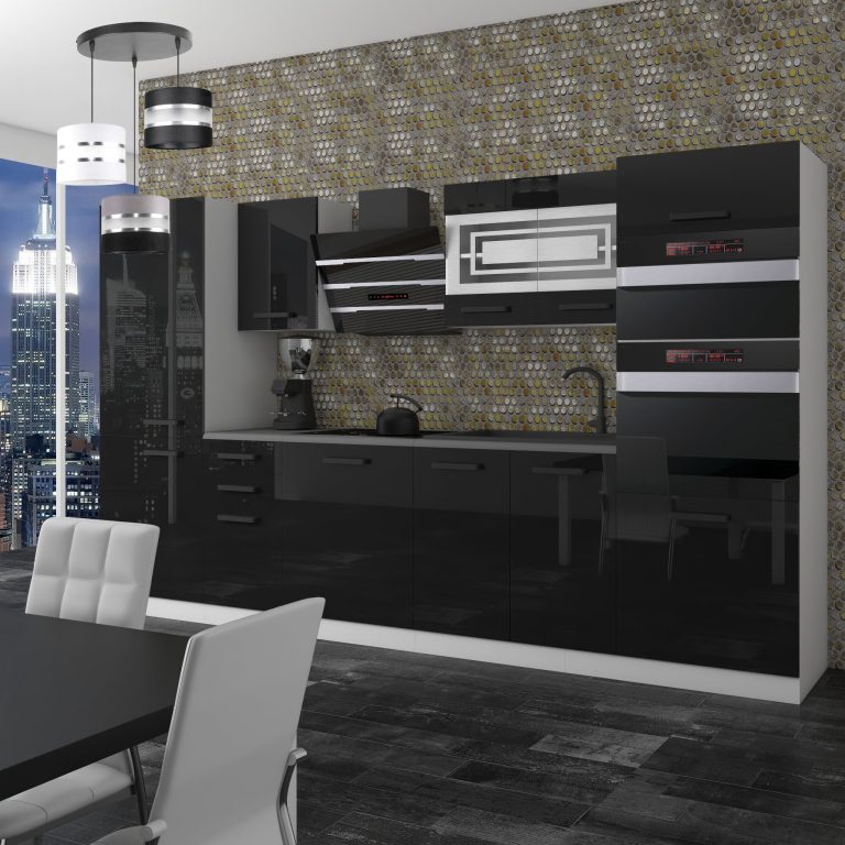 Mobila  bucatarie Belini Premium Full Version 300 cm negru lucios cu blat INF MILA/0/WT/B/B/B1
