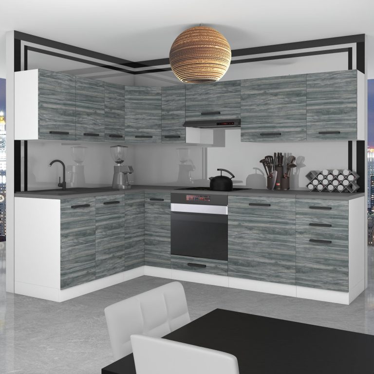 Mobila bucatarie Belini Premium Full Version 420 cm gri antracit Glamour Wood fara blat Jane