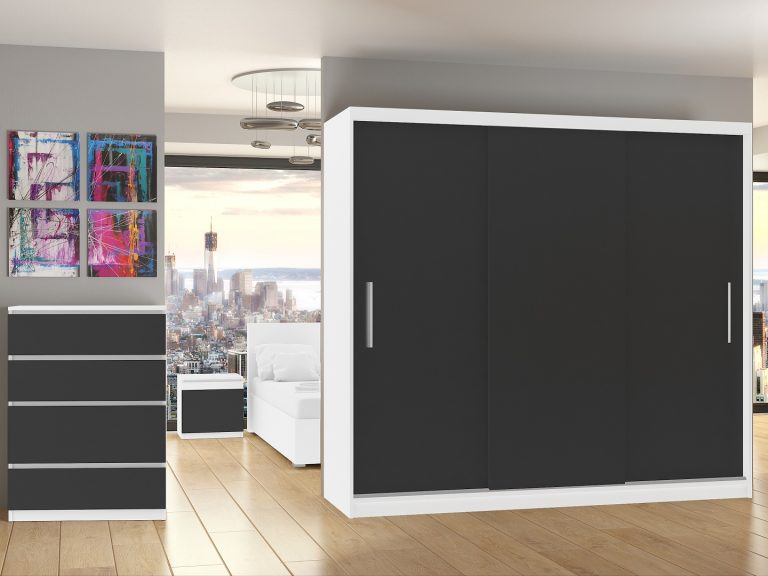 Dressing 232 cm Belini alb mat/negru mat cu usi glisante si oglinda SI SZP4/2/1W/3B/0/AL