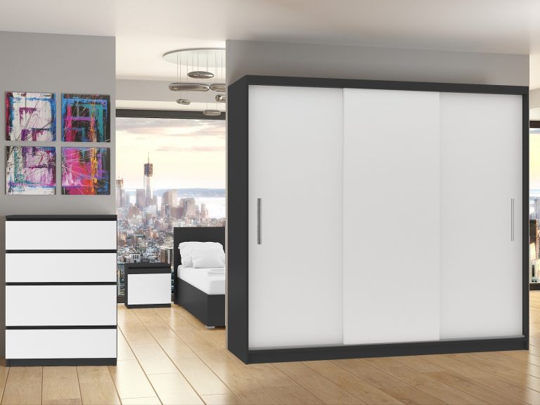 Dressing 232 cm Belini negru mat/alb mat cu usi glisante si oglinda SI SZP4/2/1B/3W/0/AL