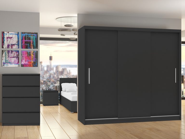 Dressing 232 cm Belini mat negru cu usi glisante si oglinda SI SZP4/2/1B/3B/0/AL