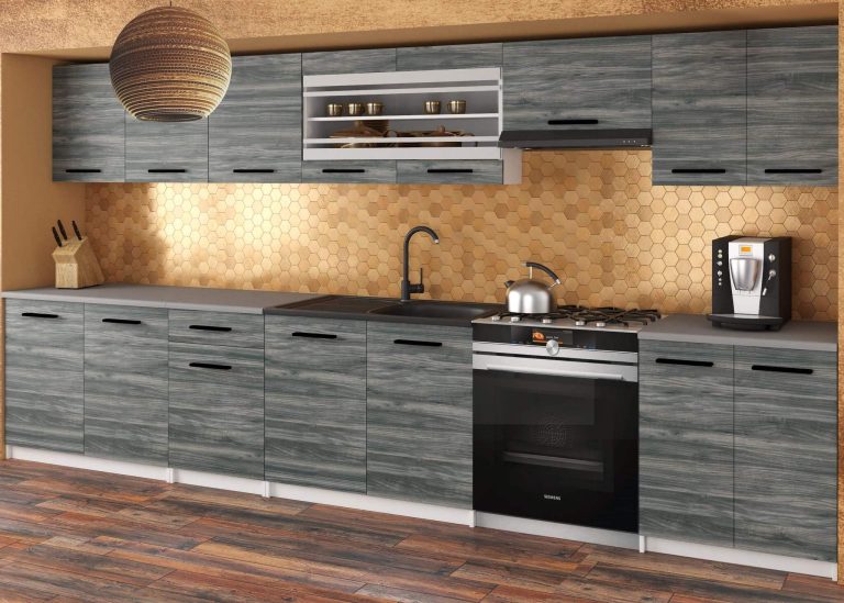 Mobila de bucatarie Belini 320 cm gri antracit Glamour Wood cu blat TOR JULIA/4/WT/GW1/0/B1 
