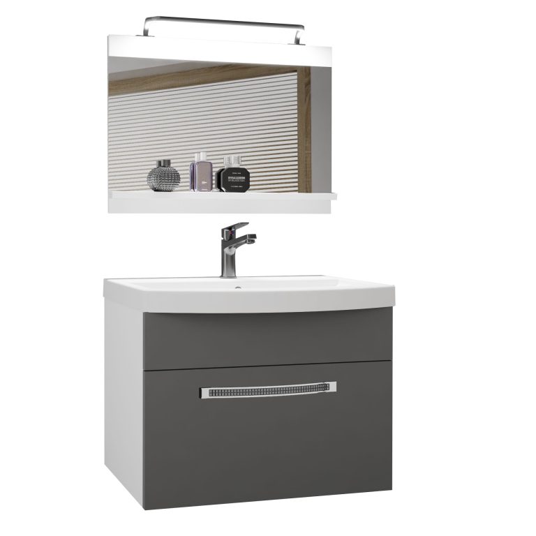 Set mobilă de baie Belini Premium Full Version gri mat + chiuveta + oglinda + iluminare LED GLA M 1/0/W/SR/0/MB/PP