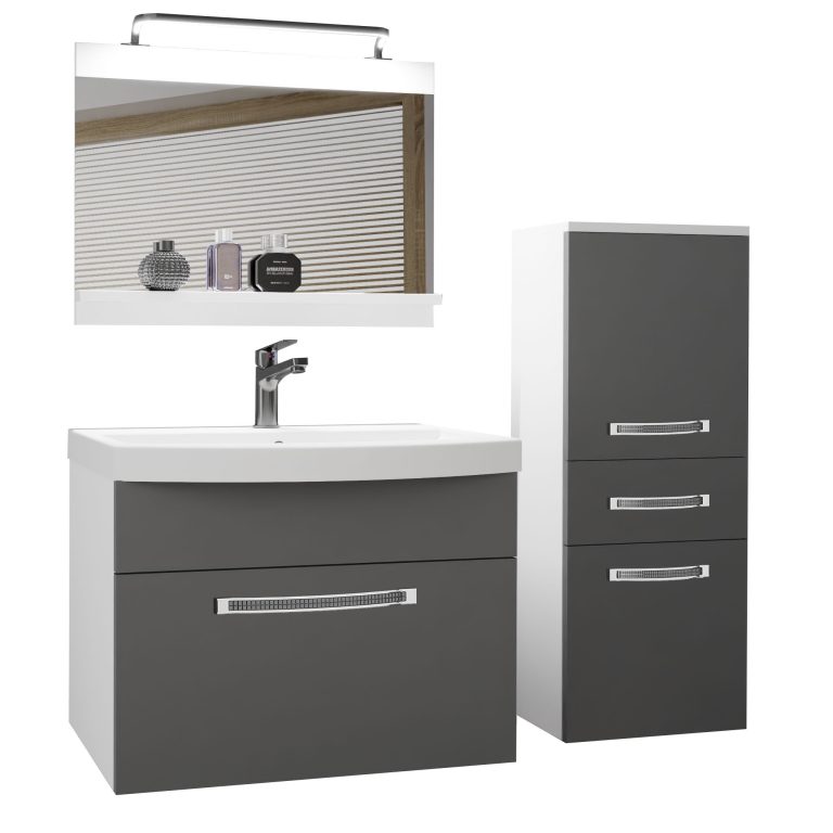 Set mobilă  de baie Belini Premium Full Version gri mat + chiuveta + oglinda + iluminare LED GLA M 2/0/W/SR/0/MB/PP