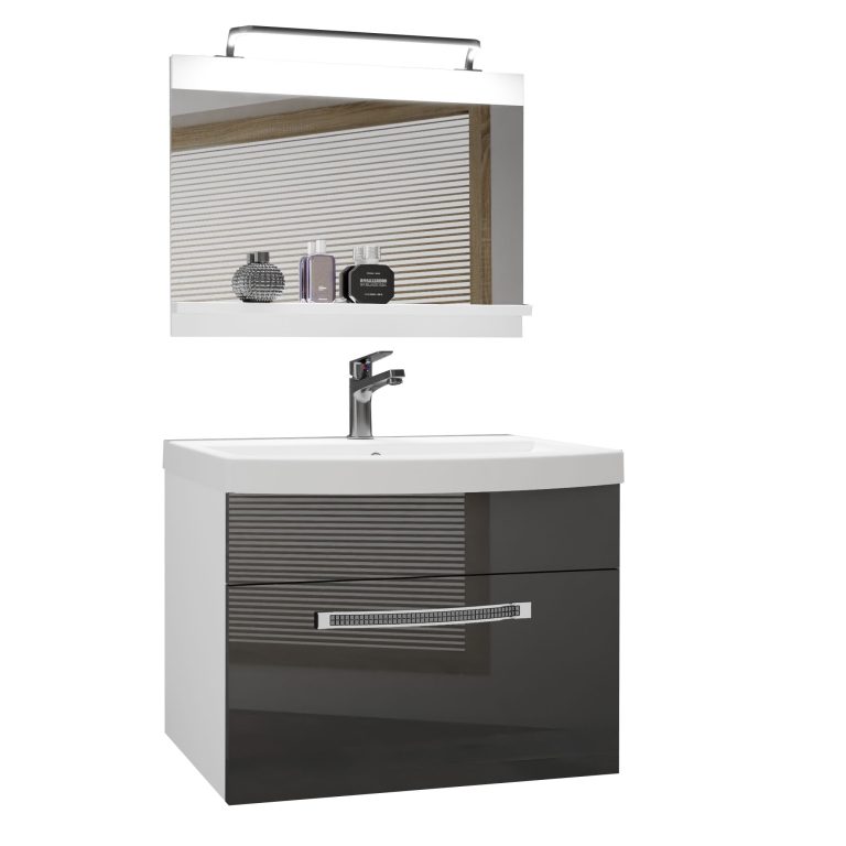 Set mobilă  de baie Belini Premium Full Version gri lucios + chiuveta + oglinda + iluminare LED GLA P 1/0/W/B/0/MB/PP