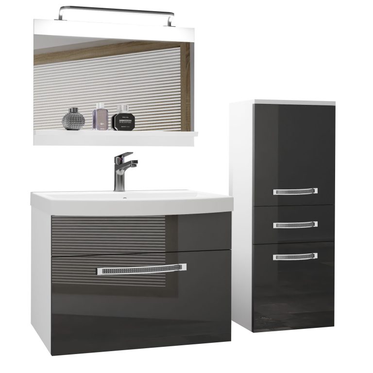 Set mobilă  de baie Belini Premium Full Version gri lucios + chiuveta + oglinda + iluminare LED GLA P 2/0/W/S/0/MB/PP