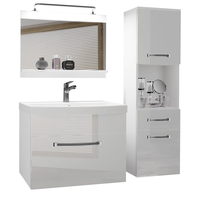 Set mobilă  de baie Belini Premium Full Version alb lucios + chiuveta + oglinda + iluminare LED  GLA P 3/0/W/W/0/MB/PP