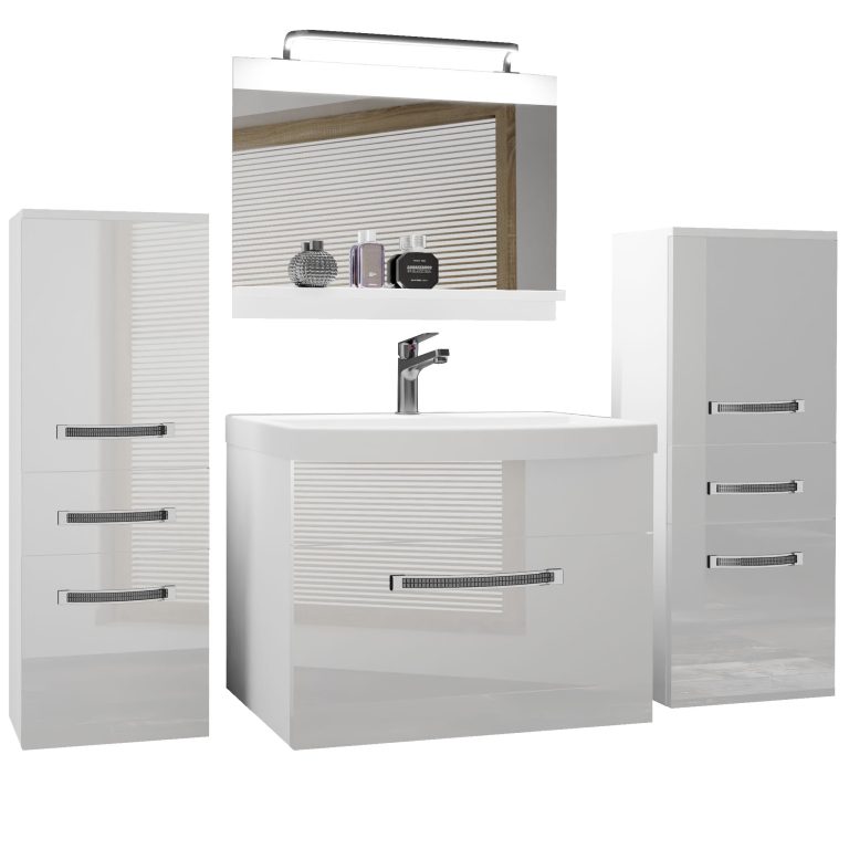 Set mobilă de baie Belini Premium Full Version alb lucios + chiuveta + oglinda + iluminare LED GLA P 4/0/W/W/0/MB/PP