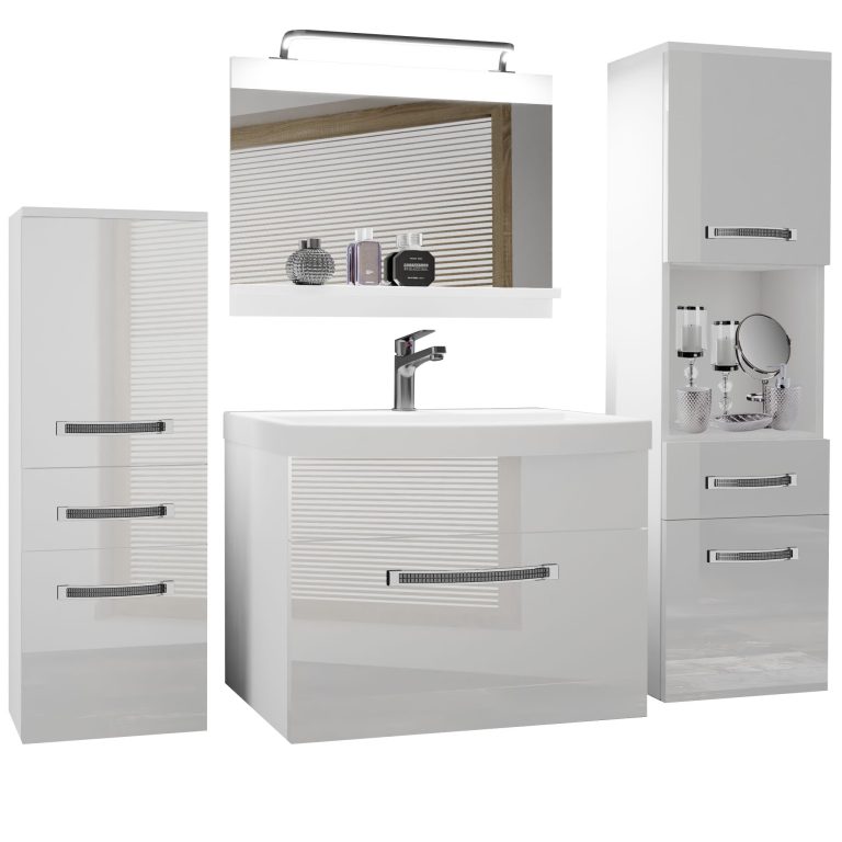 Set mobilă de baie Belini Premium Full Version alb lucios + chiuveta + oglinda + iluminare LED GLA P 5/0/W/W/0/MB/PP