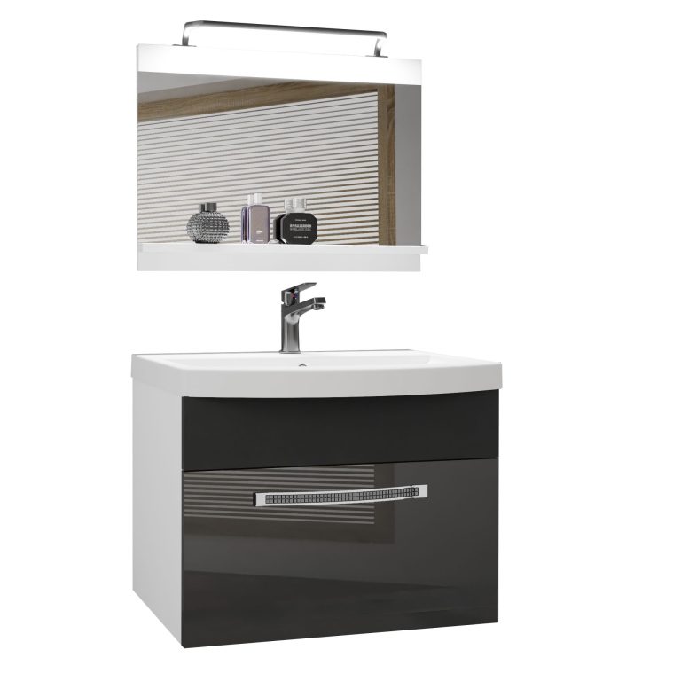 Set mobilă de baie Belini Premium Full Version gri lucios / negru mat + chiuveta + oglinda + iluminare LED GLA PM 1/0/W/SB/0/MB/PP