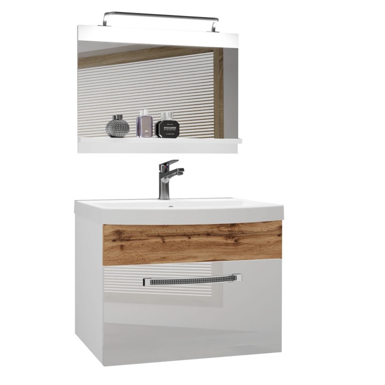 Set mobilă  de baie Belini Premium Full Version alb lucios / stejar wotan + chiuveta + oglinda + iluminare LED  GLA PM 1/0/W/WDW/0/MB/PP