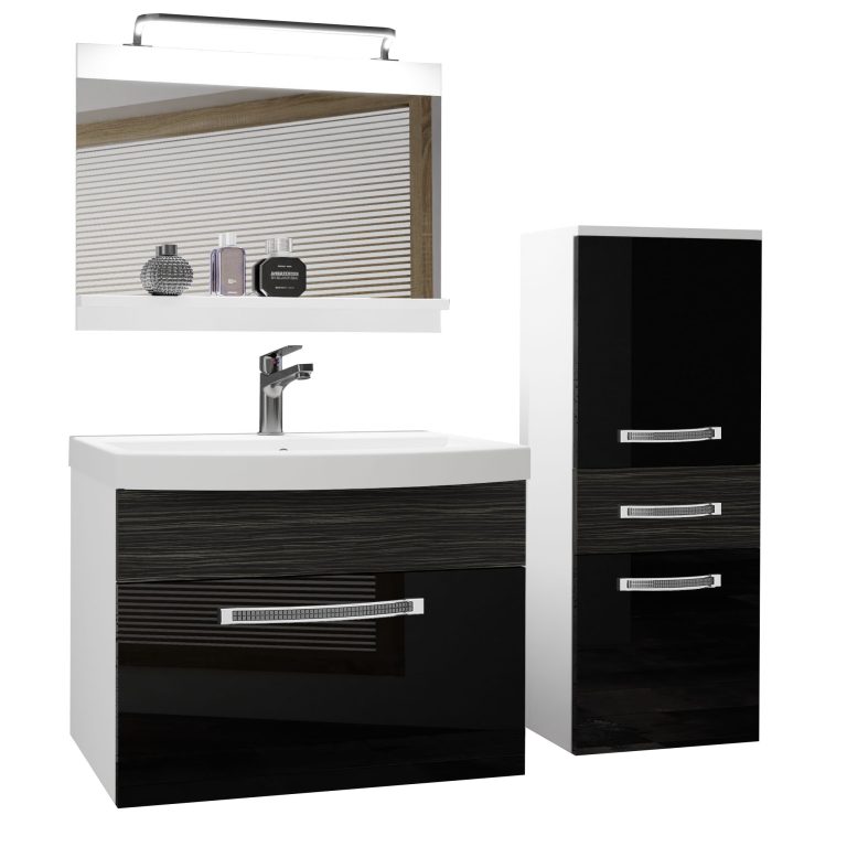 Set mobilă  de baie Belini Premium Full Version negru lucios / abanos regal + chiuveta + oglinda + iluminare LED  GLA PM 2/0/W/BHK/0/MB/PP