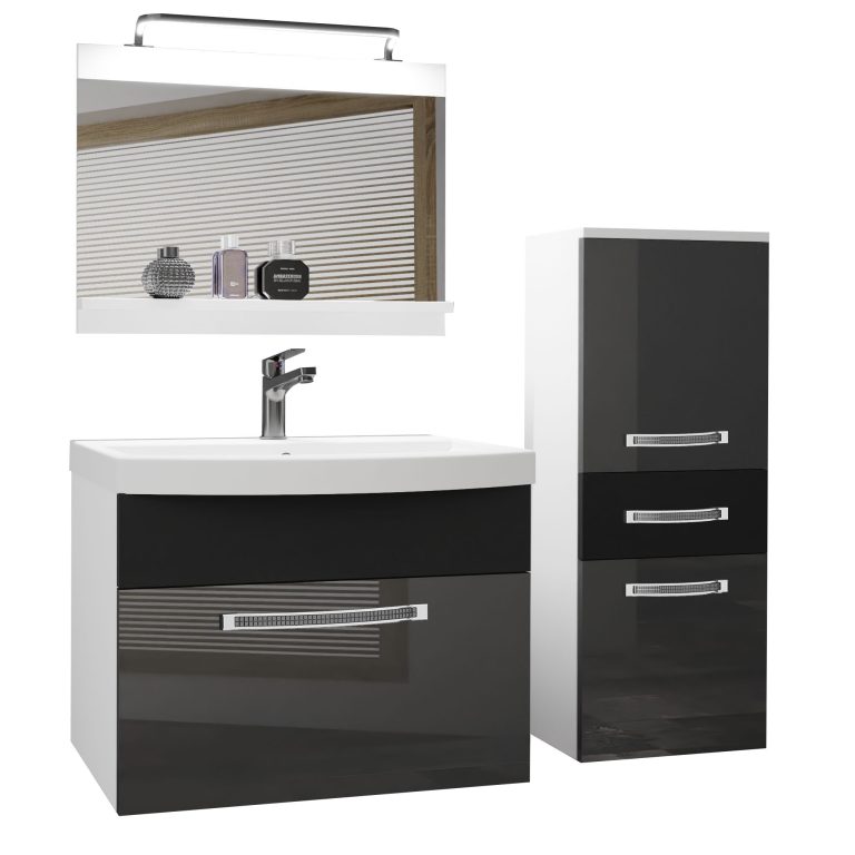Set mobilă  de baie Belini Premium Full Version gri lucios / negru mat + chiuveta + oglinda + iluminare LED GLA PM 2/0/W/SB/0/MB/PP