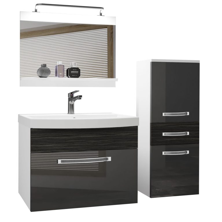 Set mobilă  de baie Belini Premium Full Version gri lucios / abanos regal + chiuveta + oglinda + iluminare LED GLA PM 2/0/W/SHK/0/MB/PP