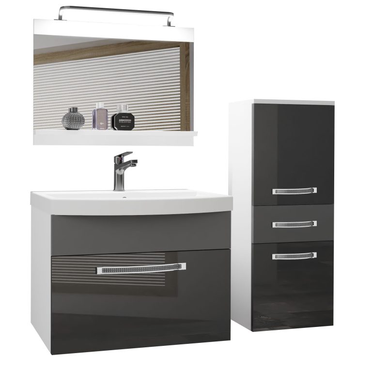 Set mobilă de baie Belini Premium Full Version gri lucios / gri mat + chiuveta + oglinda + iluminare LED GLA PM 2/0/W/SSR/0/MB/PP
