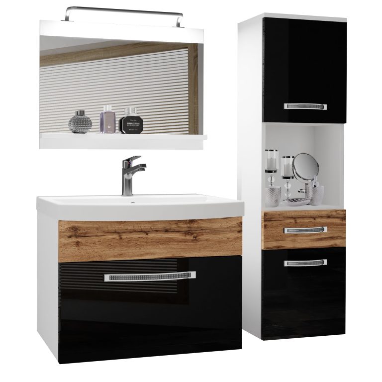 Set mobilă  de baie Belini Premium Full Version negru lucios / stejar wotan + chiuveta + oglinda + iluminare LED GLA PM 3/0/W/BDW/0/MB/PP
