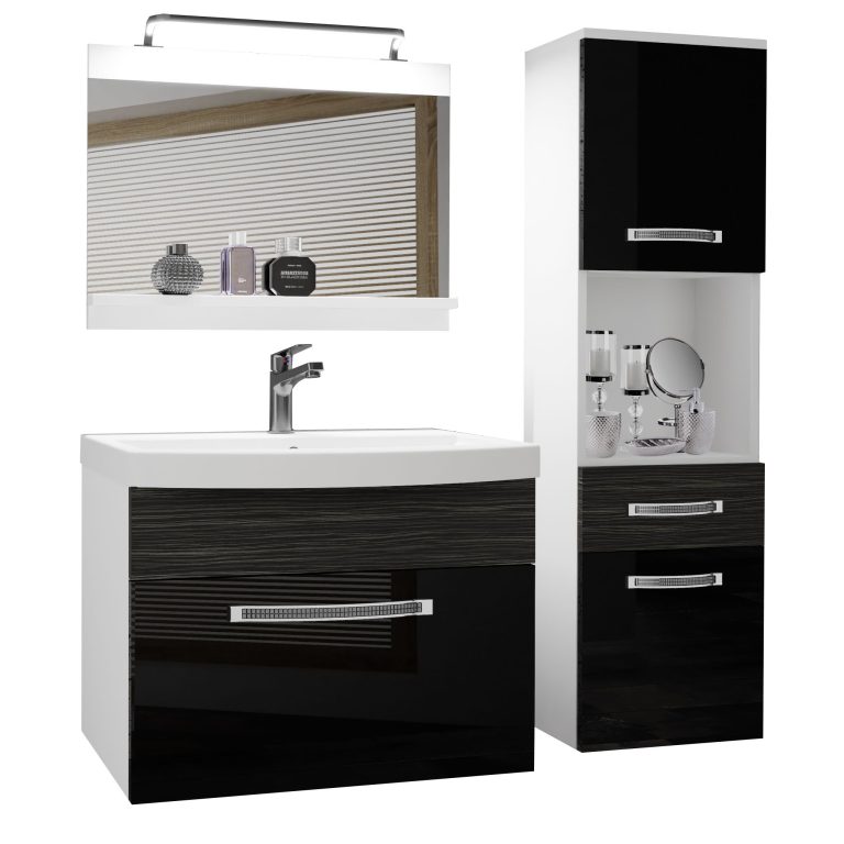 Set mobilă de baie Belini Premium Full Version negru lucios / abanos regal + chiuveta + oglinda + iluminare LED  GLA PM 3/0/W/BHK/0/MB/PP