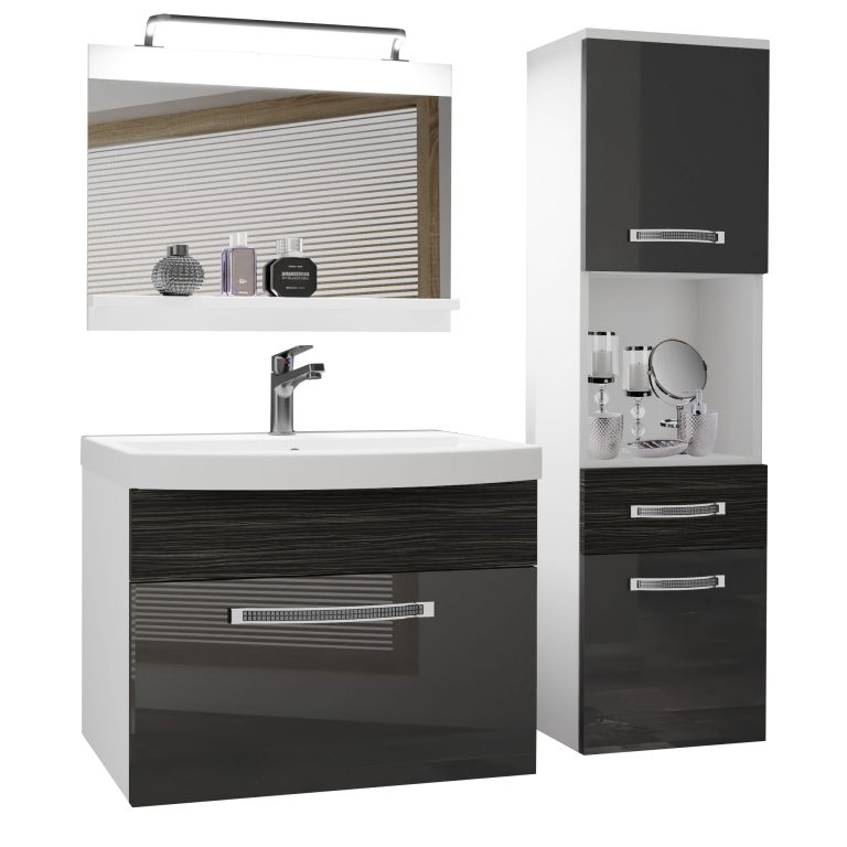 Set mobilă  de baie Belini Premium Full Version gri lucios / abanos regal + chiuveta + oglinda + iluminare LED GLA PM 3/0/W/SHK/0/MB/PP