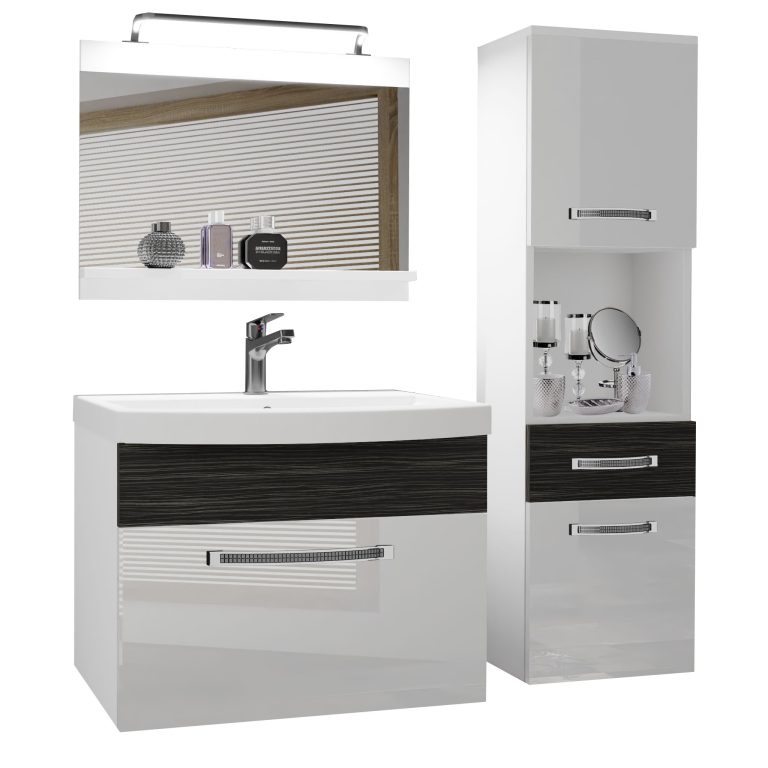 Set mobilă  de baie Belini Premium Full Version alb lucios / abanos regal + chiuveta + oglinda + iluminare LED GLA PM 3/0/W/WHK/0/MB/PP