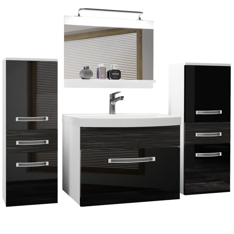 Set mobilă de baie Belini Premium Full Version negru lucios / abanos regal + chiuveta + oglinda + iluminare LED GLA PM 4/0/W/BHK/0/MB/PP