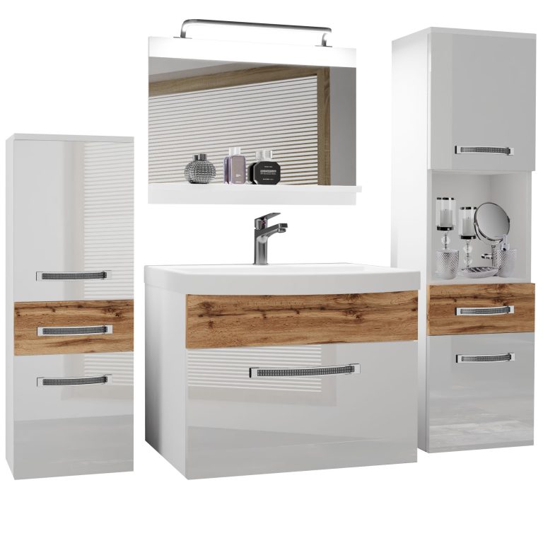 Set mobilă de baie Belini Premium Full Version alb lucios / stejar wotan
+ chiuveta + oglinda + iluminare LED GLA PM 5/0/W/WDW/0/MB/PP

