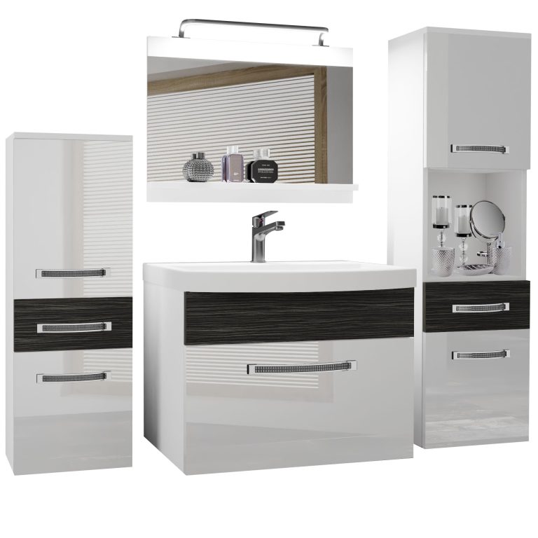 Set mobilă de baie Belini Premium Full Version alb lucios / abanos regal + chiuveta + oglinda + iluminare LED GLA PM 5/0/W/WHK/0/MB/PP