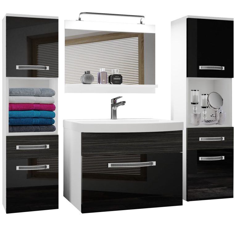 Set mobilă de baie Belini Premium Full Version negru lucios / abanos regal + chiuveta + oglinda + iluminare LED GLA PM 6/0/W/BHK/0/MB/PP
