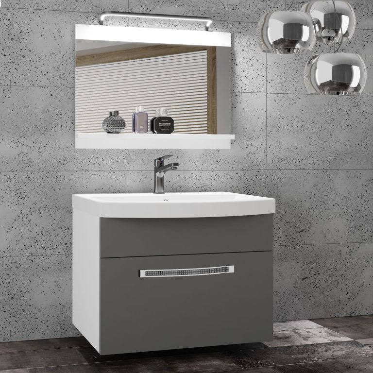 Set mobilă de baie Belini Premium Full Version gri mat + chiuveta + oglinda + iluminare LED GLA M 1/0/W/SR/0/MB/PP
