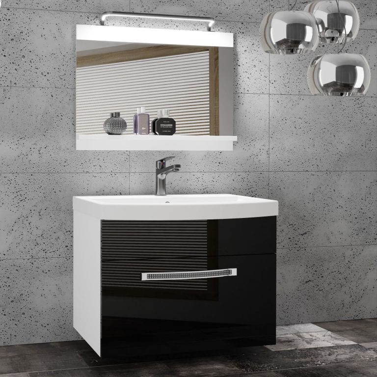 Set mobilă  de baie Belini Premium Full Version negru lucios + chiuveta + oglinda + iluminare LED GLA P 1/0/W/B/0/MB/PP