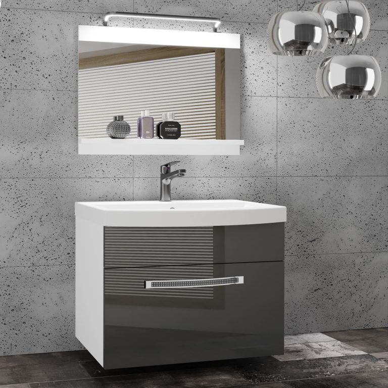 Set mobilă  de baie Belini Premium Full Version gri lucios + chiuveta + oglinda + iluminare LED GLA P 1/0/W/B/0/MB/PP