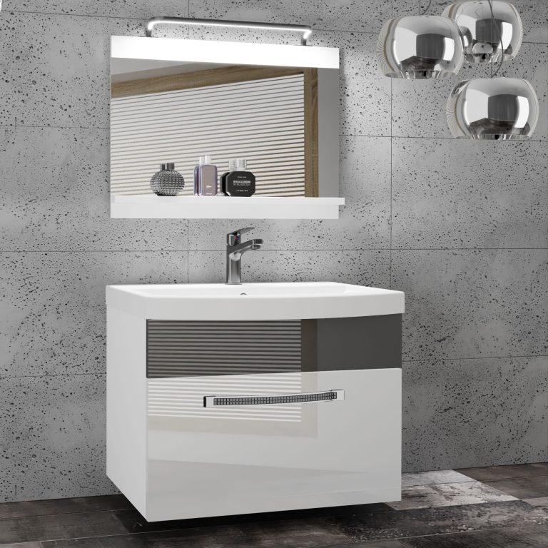 Set mobilă  de baie Belini Premium Full Version alb lucios / gri luciu + chiuveta + oglinda + iluminare LED  GLA P 1/0/W/WS/0/MB/PP