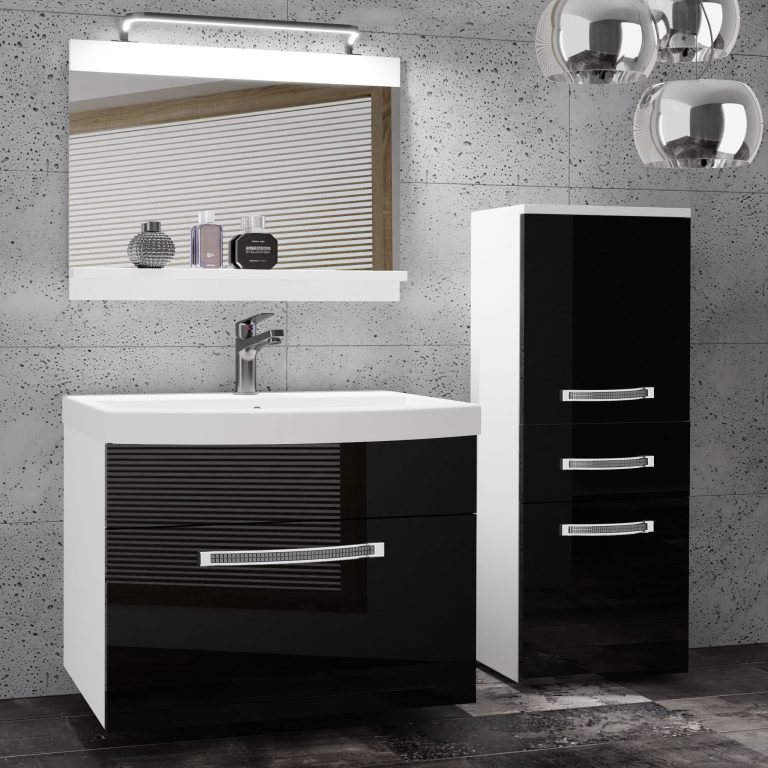 Set mobilă  de baie Belini Premium Full Version negru lucios
 + chiuveta + oglinda + iluminare LED GLA P 2/0/W/B/0/MB/PP