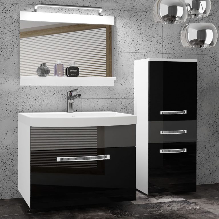 Set mobilă  de baie Belini Premium Full Version negru lucios / gri luciu
 + chiuveta + oglinda + iluminare LED  GLA P 2/0/W/BS/0/MB/PP
