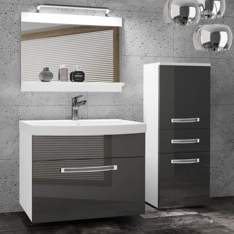 Set mobilă  de baie Belini Premium Full Version gri lucios + chiuveta + oglinda + iluminare LED GLA P 2/0/W/S/0/MB/PP