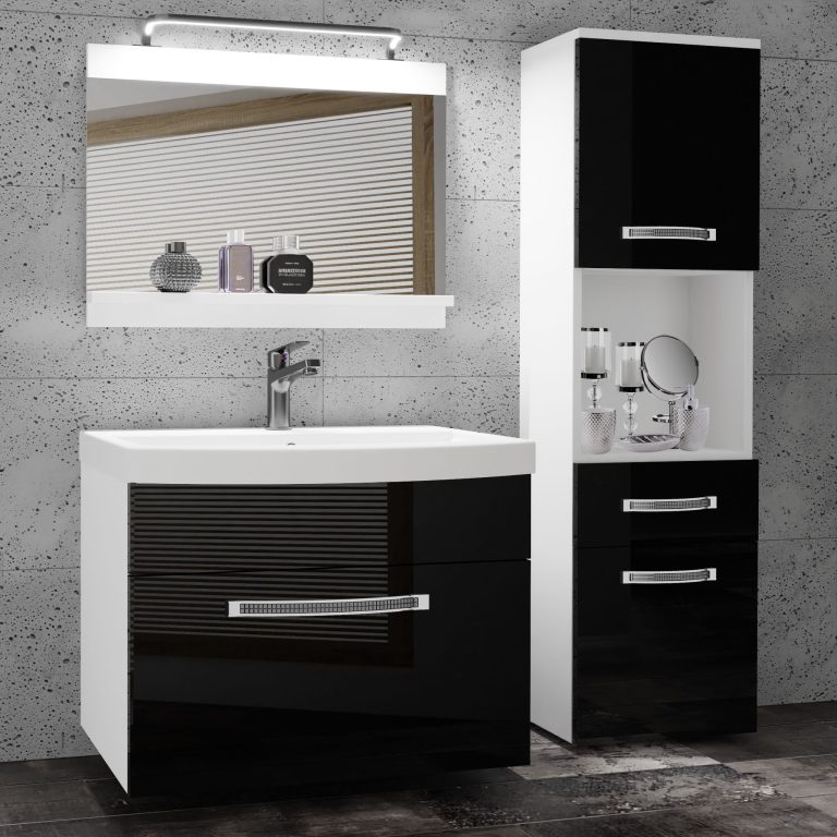 Set mobilă  de baie Belini Premium Full Version negru lucios
 + chiuveta + oglinda + iluminare LED GLA P 3/0/W/B/0/MB/PP