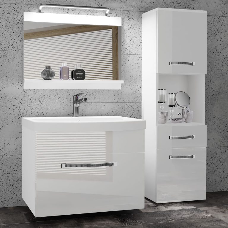 Set mobilă  de baie Belini Premium Full Version alb lucios + chiuveta + oglinda + iluminare LED  GLA P 3/0/W/W/0/MB/PP