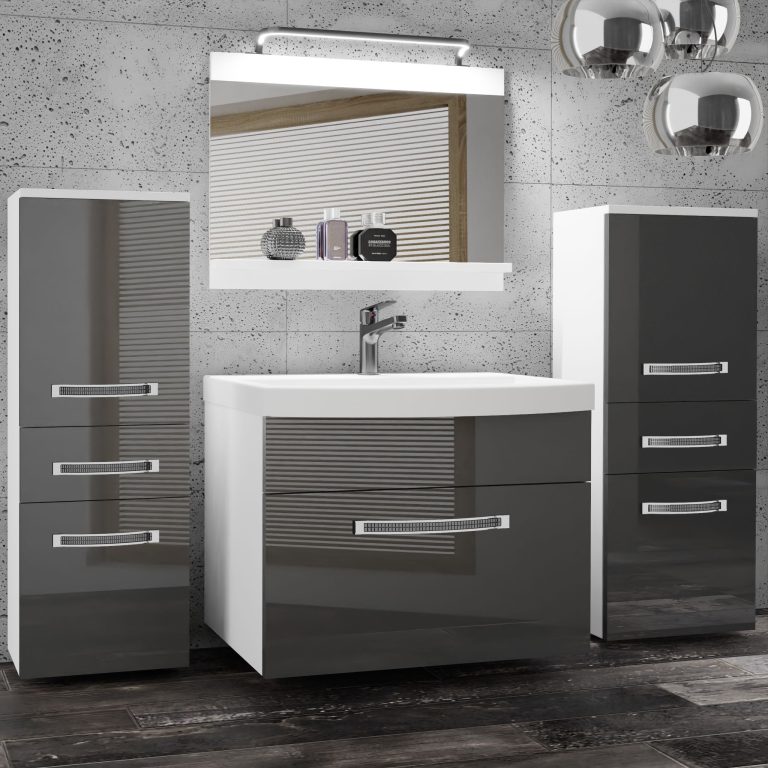 Set mobilă de baie Belini Premium Full Version gri lucios
+ chiuveta + oglinda + iluminare LED  GLA P 4/0/W/S/0/MB/PP
