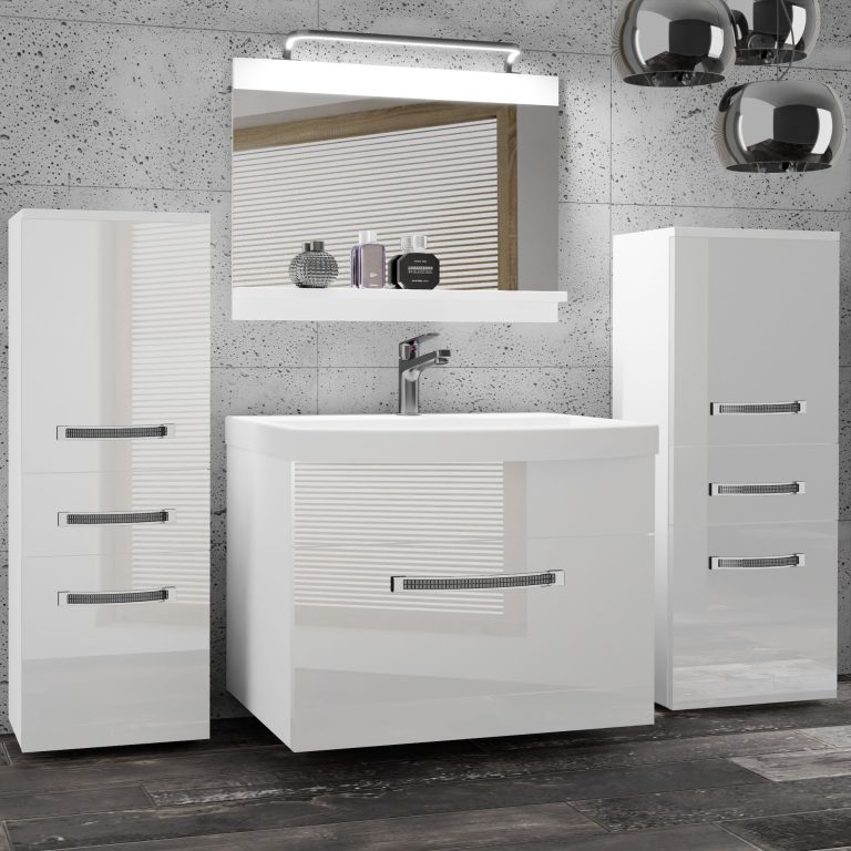 Set mobilă de baie Belini Premium Full Version alb lucios + chiuveta + oglinda + iluminare LED GLA P 4/0/W/W/0/MB/PP