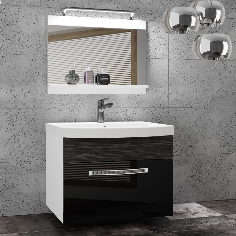 Set mobilă  de baie Belini Premium Full Version negru lucios / abanos regal + chiuveta + oglinda + iluminare LED GLA PM 1/0/W/BHK/0/MB/PP