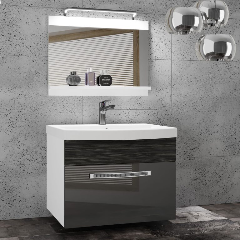 Set mobilă de baie Belini Premium Full Version gri lucios / abanos regal + chiuveta + oglinda + iluminare LED GLA PM 1/0/W/SHK/0/MB/PP
