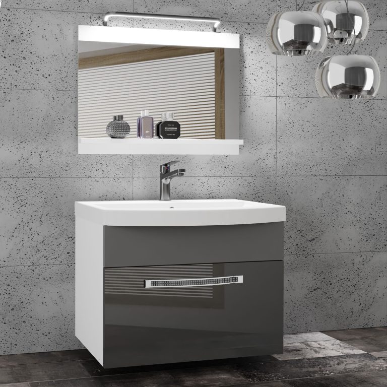 Set mobilă  de baie Belini Premium Full Version gri lucios / gri mat + chiuveta + oglinda + iluminare LED GLA PM 1/0/W/SSR/0/MB/PP