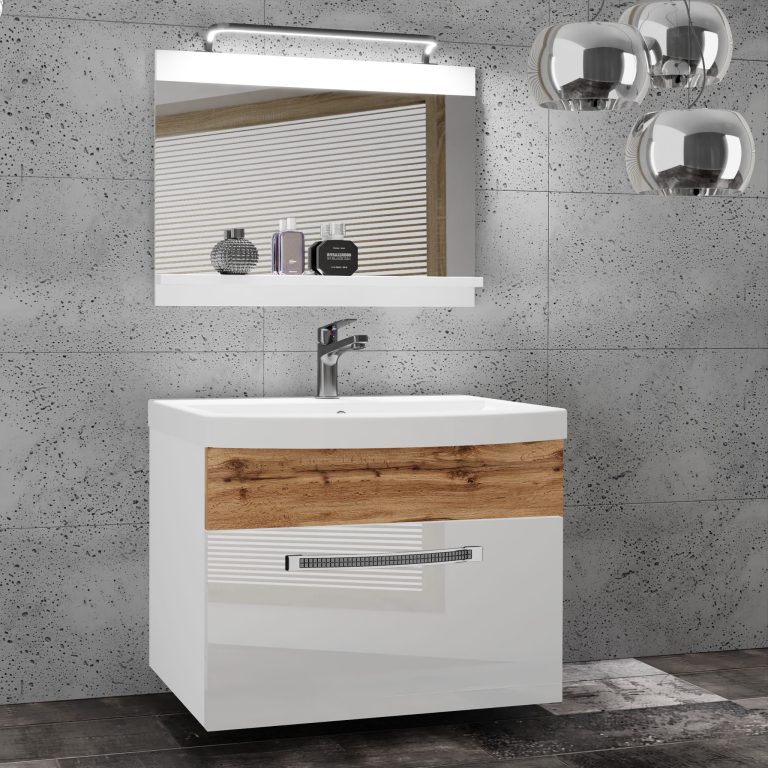 Set mobilă  de baie Belini Premium Full Version alb lucios / stejar wotan + chiuveta + oglinda + iluminare LED  GLA PM 1/0/W/WDW/0/MB/PP