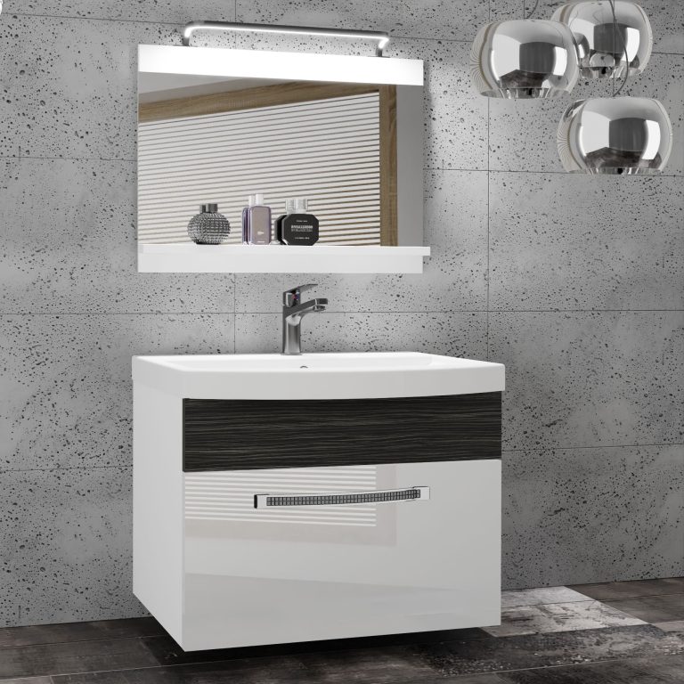 Set mobilă  de baie Belini Premium Full Version alb lucios / abanos regal + chiuveta + oglinda + iluminare LED GLA PM 1/0/W/WHK/0/MB/PP
