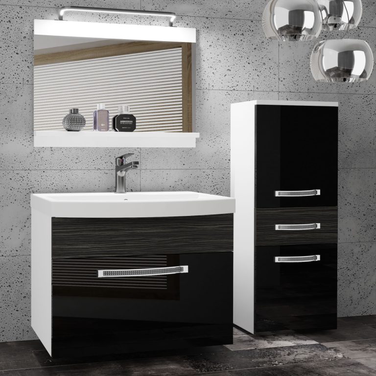 Set mobilă  de baie Belini Premium Full Version negru lucios / abanos regal + chiuveta + oglinda + iluminare LED  GLA PM 2/0/W/BHK/0/MB/PP