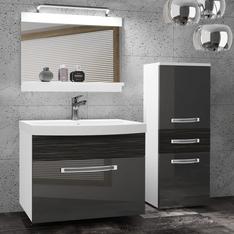 Set mobilă  de baie Belini Premium Full Version gri lucios / abanos regal + chiuveta + oglinda + iluminare LED GLA PM 2/0/W/SHK/0/MB/PP